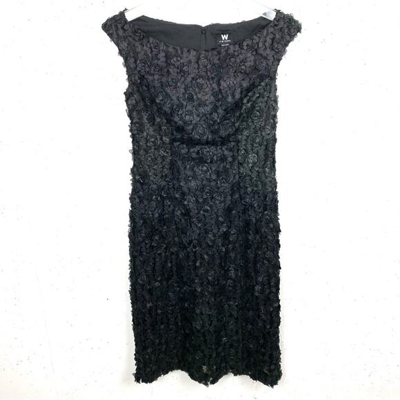 W by Worth 3D Roses Sleeveless Sheath Dress Bateau Neck Textured Lined Black 2 - Picture 1 of 10